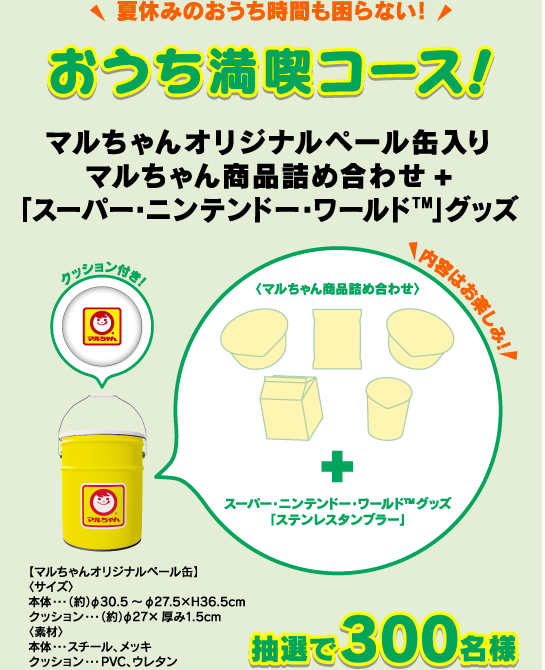 夏休みのおうち時間も困らない！「おうち満喫コース！」マルちゃんオリジナルペール缶入り マルちゃん商品詰め合わせ+「スーパー・ニンテンドー・ワールドTM」グッズ 抽選で300名様